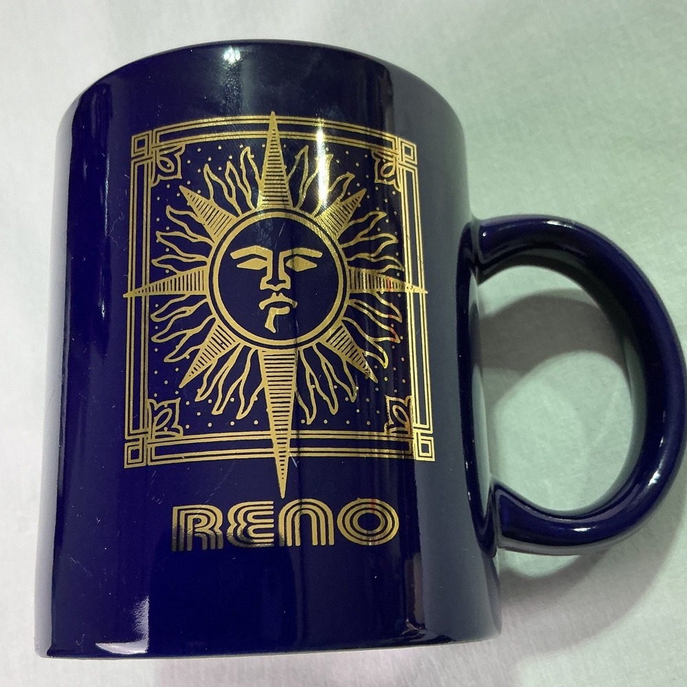Reno Nevada Celestial Sun Face Navy Blue Gold Coffee Mug 12oz New